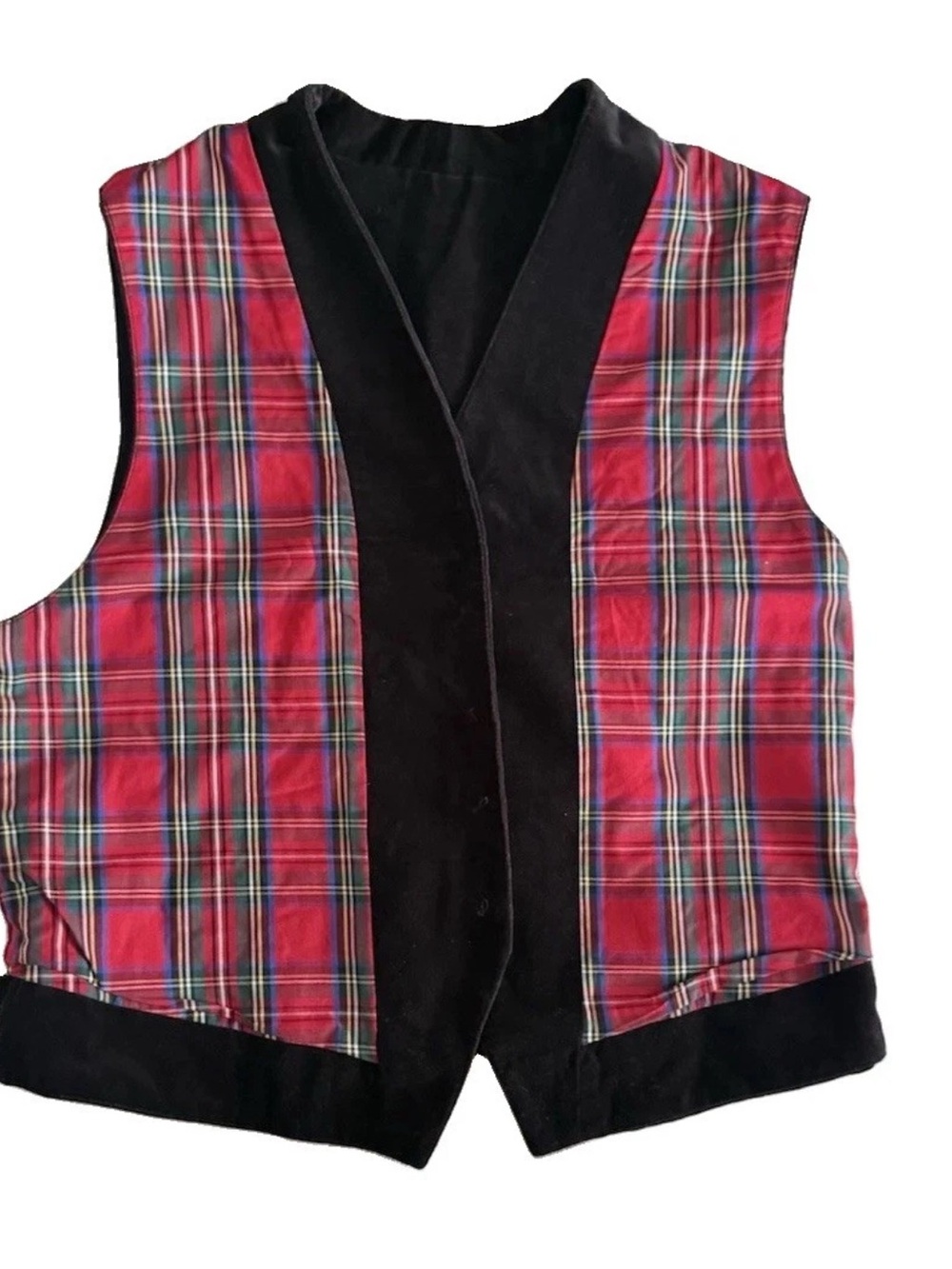 Ugly Christmas Vest Velvet Embroidered Wreaths Tartan Plaid Back 90s VTG Medium - Picture 5 of 12